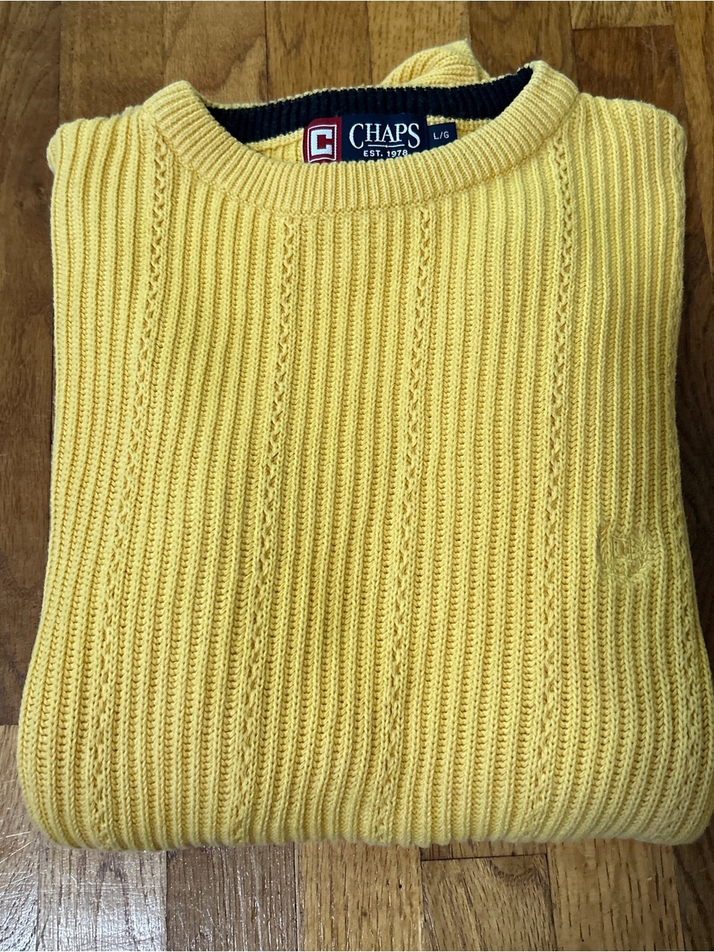 Chaps Men's Yellow Cable Knit Crewneck Sweater Vintage Size Large - Picture 7 of 7